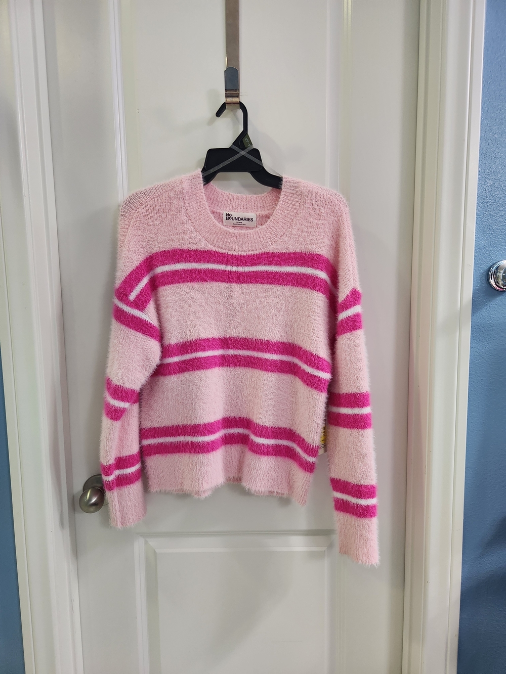 No Boundaries Pink Fuzzy Crewneck Sweater with Hot Pink Stripes Size XL (16-18) - Picture 6 of 8